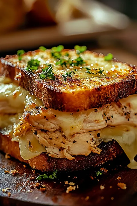 A sandwich with chicken and cheese on toast.