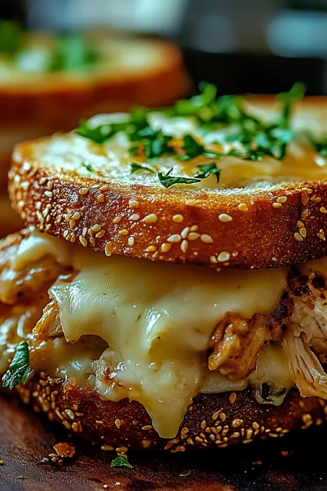 A sandwich with cheese and herbs on top.