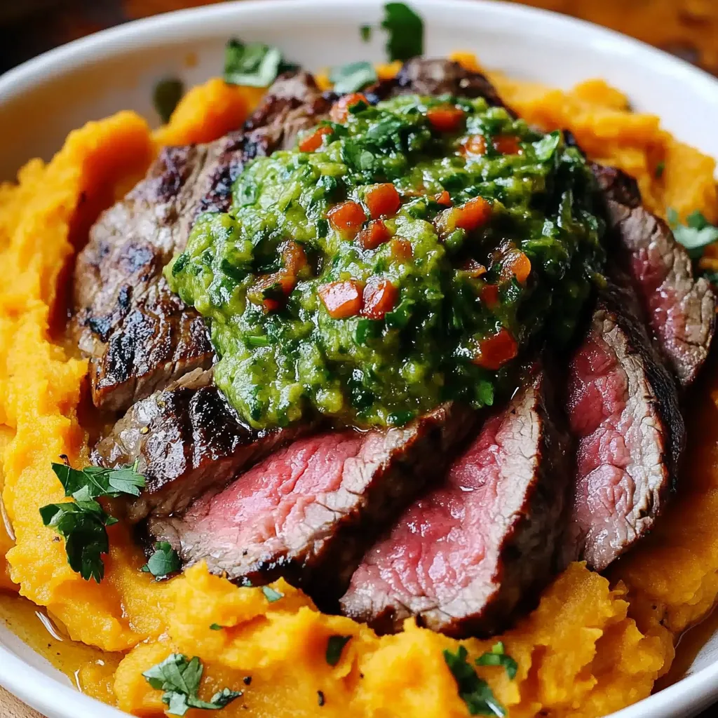 Steak with Green Sauce and Mashed Sweet Potatoes