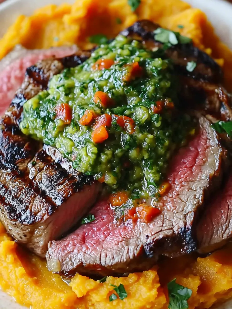Seared Steak with Herby Green Sauce and Creamy Mashed Sweet Potatoes