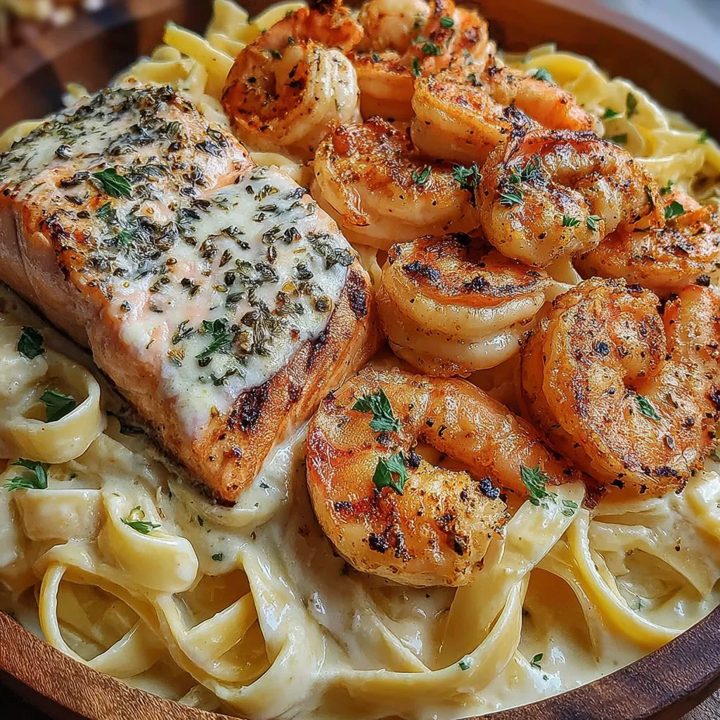 Grilled Salmon & Shrimp Alfredo
