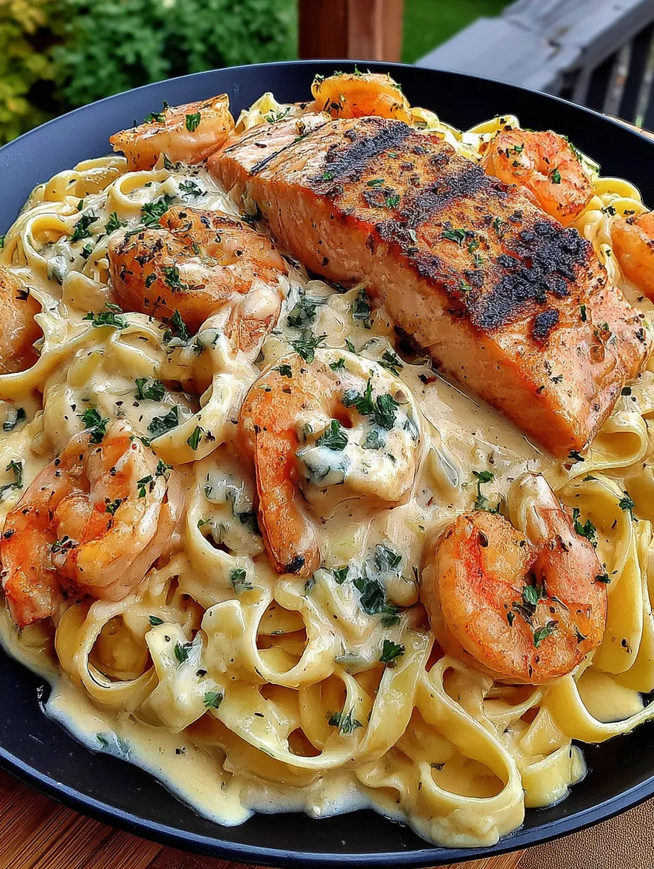 Creamy Alfredo Pasta with Grilled Salmon & Shrimp