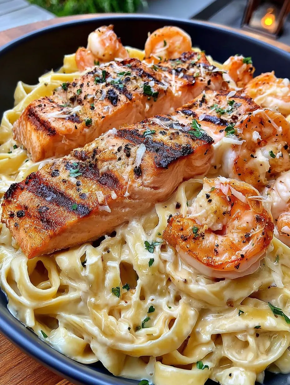 Grilled Salmon and Shrimp in Garlic Alfredo Sauce