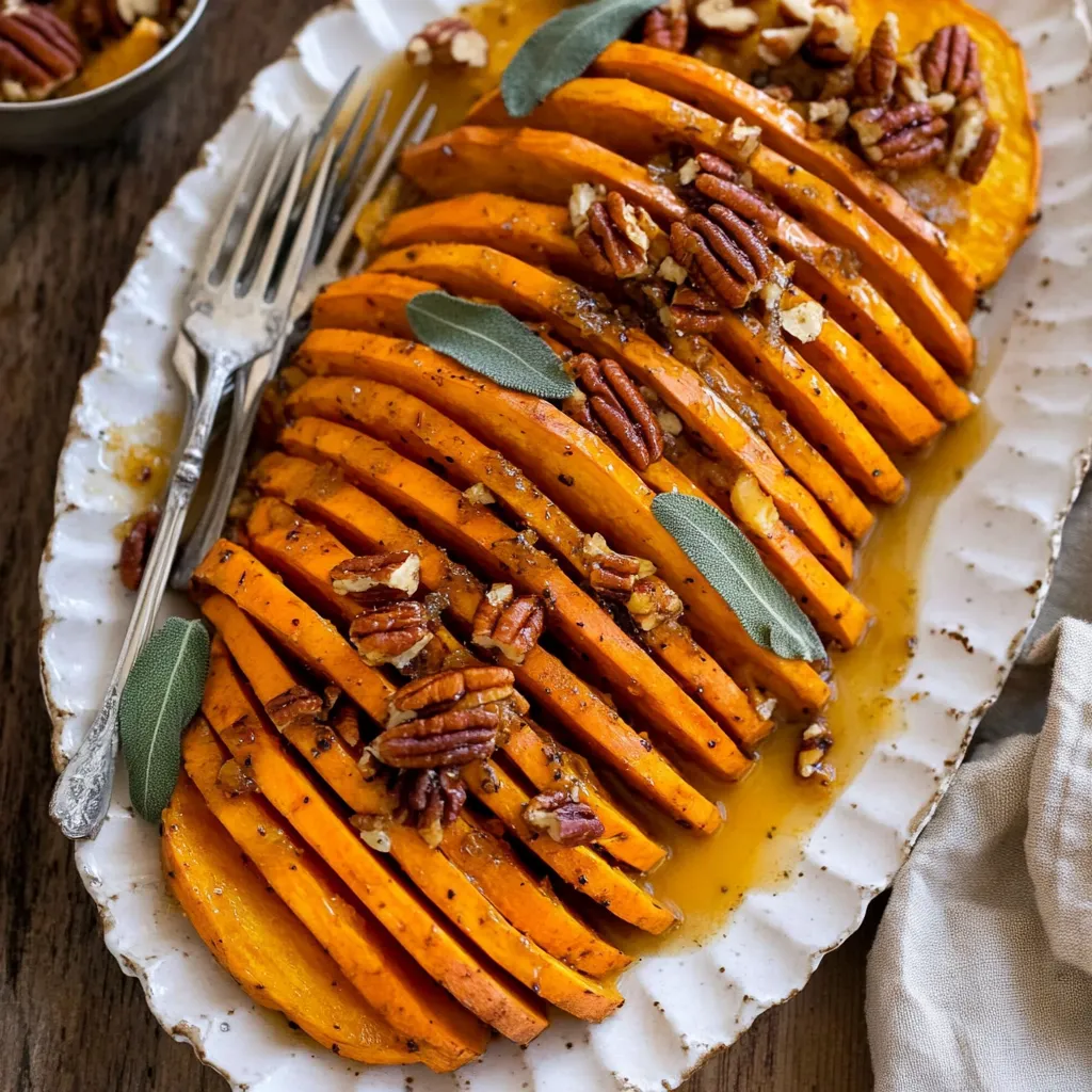 Hasselback Honeynut Squash with Maple Cinnamon Pecan Sauce