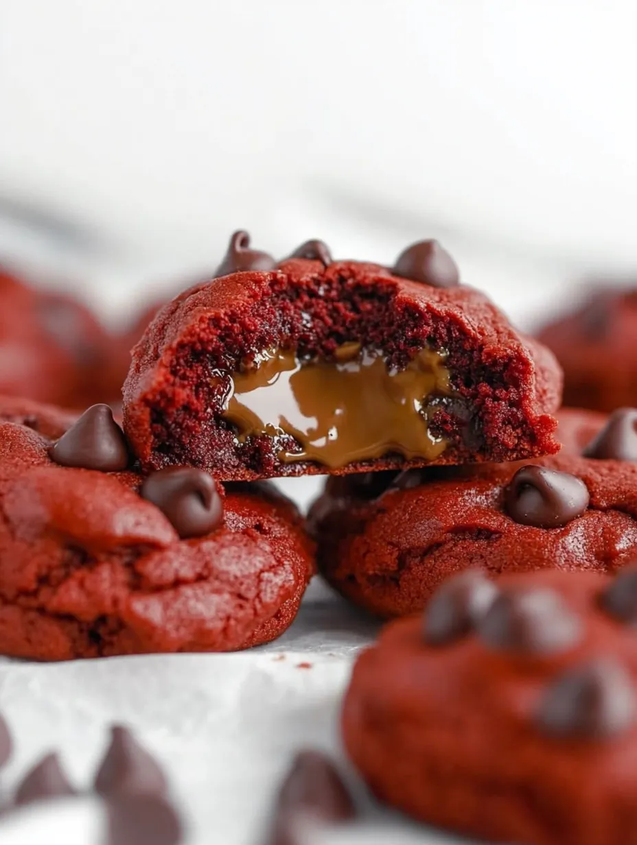 Red Velvet Chocolate Chip Cookies with a Gooey Nutella Center