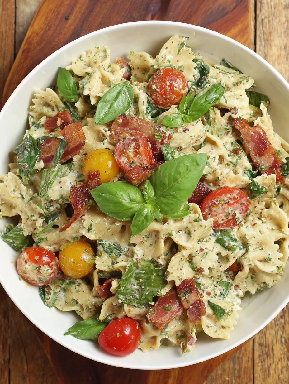 Creamy Pesto Bacon Lettuce & Tomato Pasta Salad